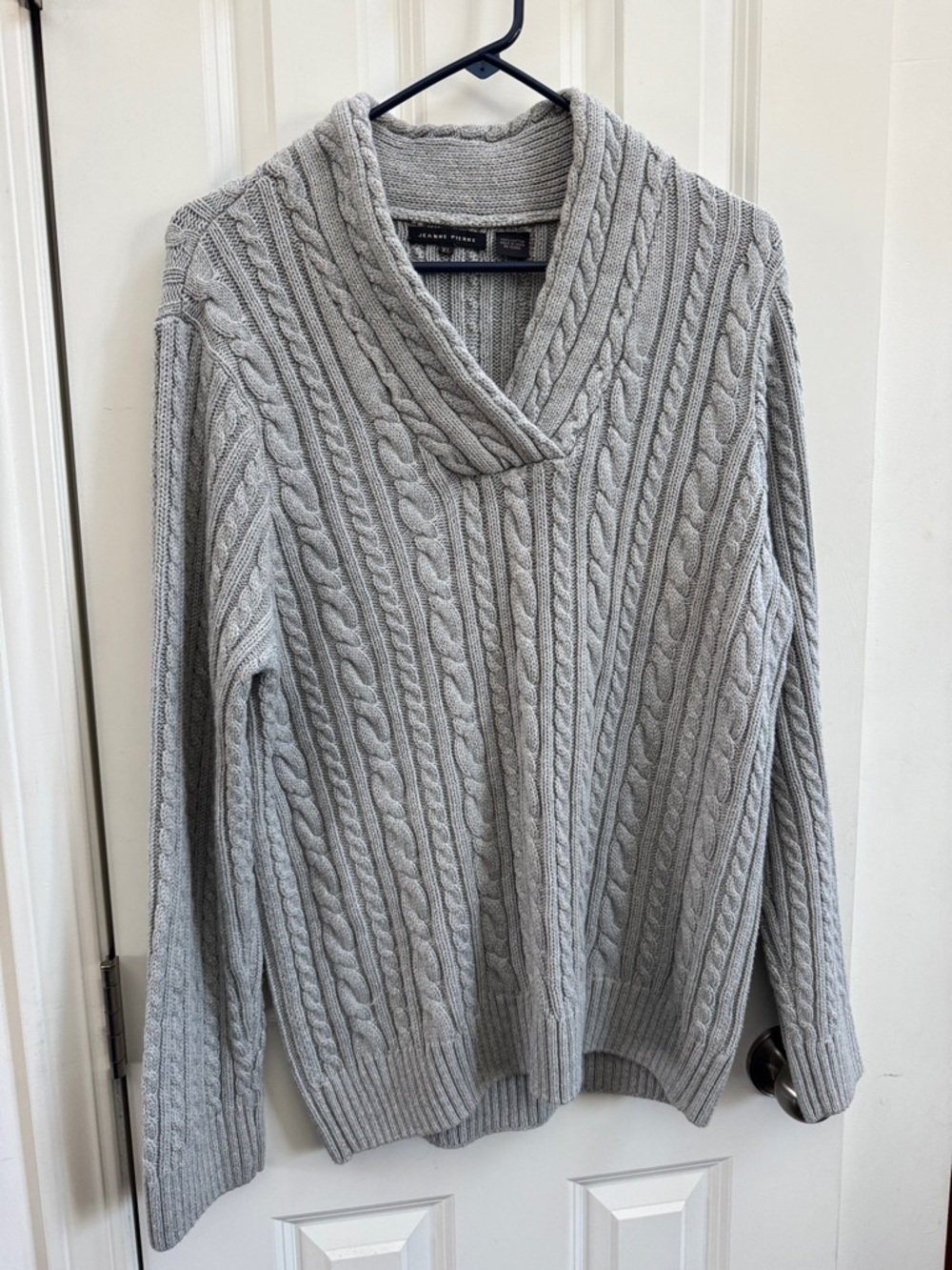 JEANNE PIERRE Heather Gray Cable Shawl V-Neck Sweater